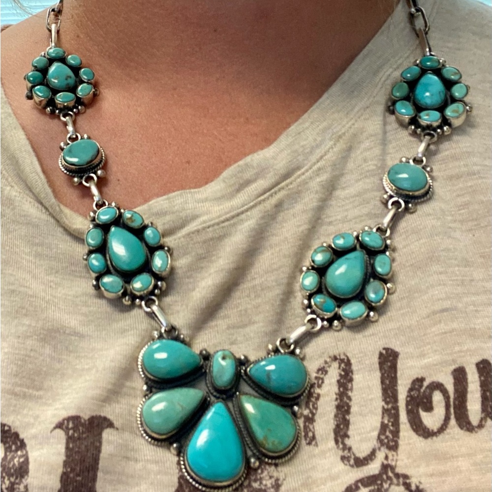 Beautiful authentic Kingman turquoise and stamped sterling cluster necklace